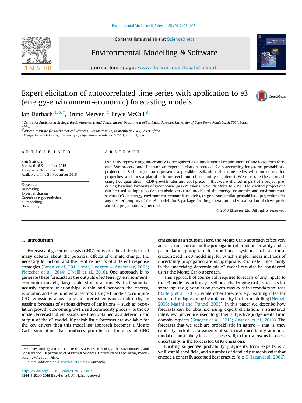 Expert elicitation of autocorrelated time series with application to e3 (energy-environment-economic) forecasting models