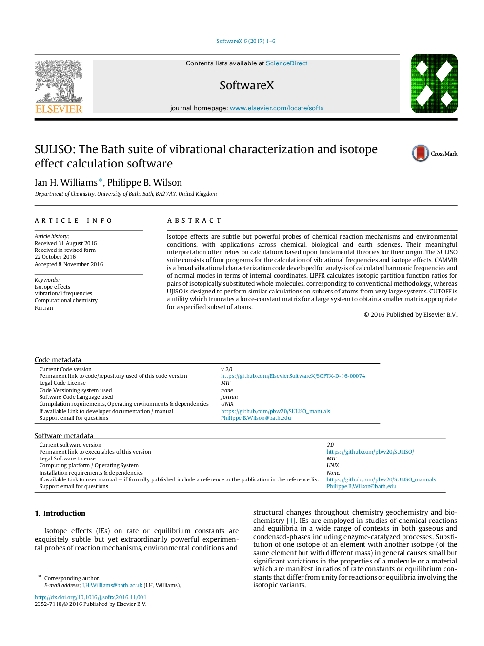 SULISO: The Bath suite of vibrational characterization and isotope effect calculation software