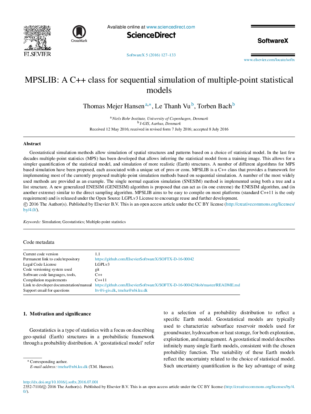 MPSLIB: A C++ class for sequential simulation of multiple-point statistical models