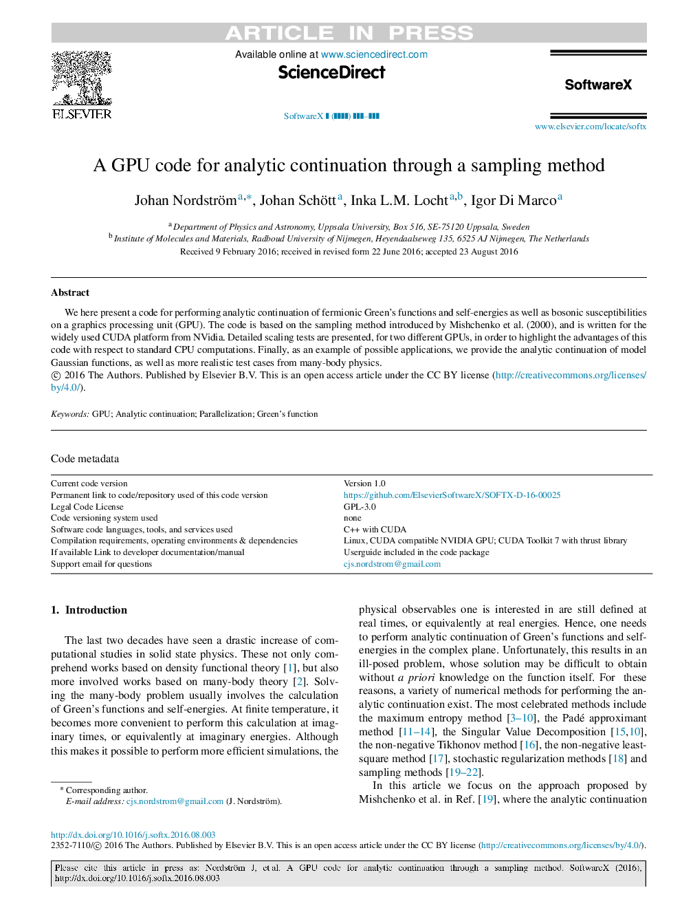 A GPU code for analytic continuation through a sampling method