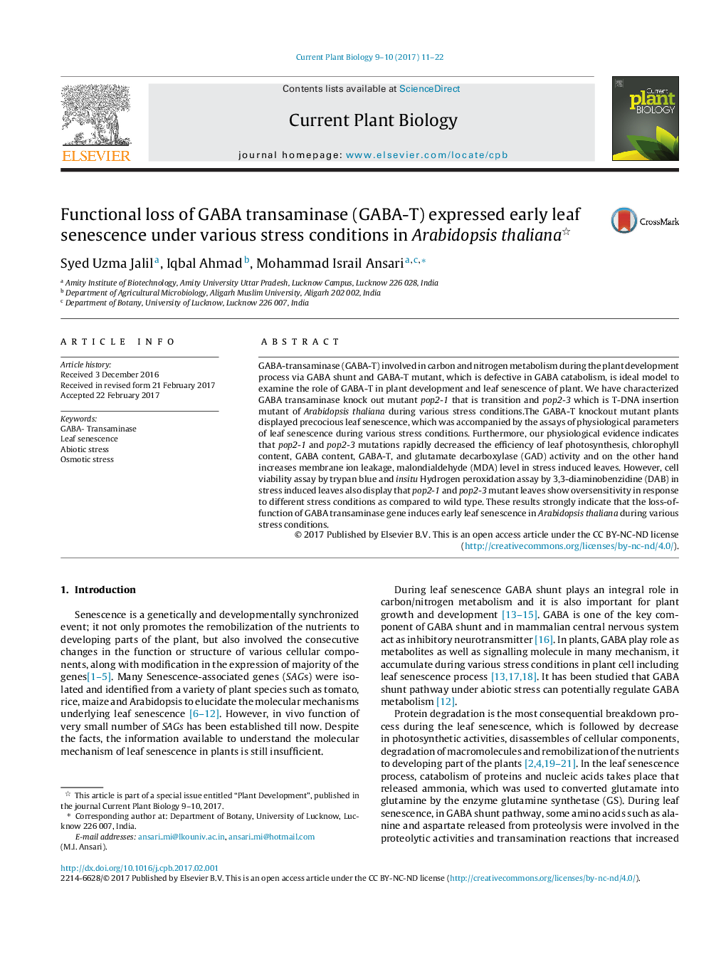 Functional loss of GABA transaminase (GABA-T) expressed early leaf senescence under various stress conditions in Arabidopsis thaliana