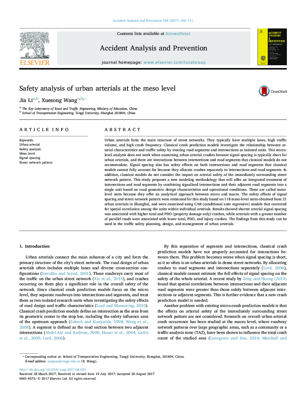 Safety analysis of urban arterials at the meso level