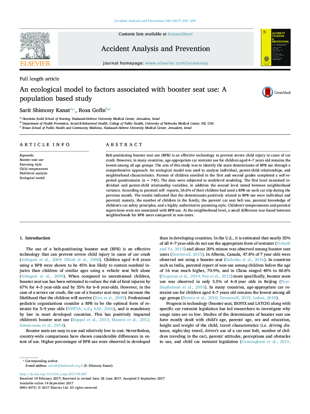 An ecological model to factors associated with booster seat use: A population based study