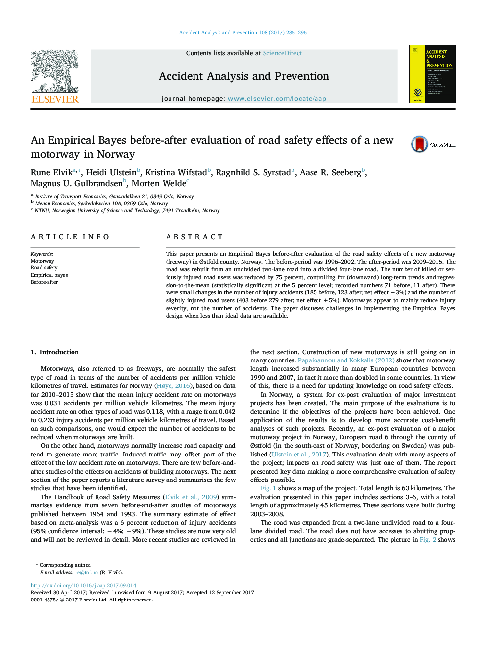 An Empirical Bayes before-after evaluation of road safety effects of a new motorway in Norway