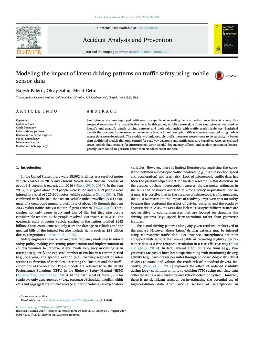 Modeling the impact of latent driving patterns on traffic safety using mobile sensor data