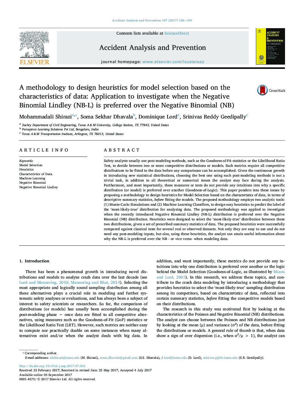 A methodology to design heuristics for model selection based on the characteristics of data: Application to investigate when the Negative Binomial Lindley (NB-L) is preferred over the Negative Binomial (NB)