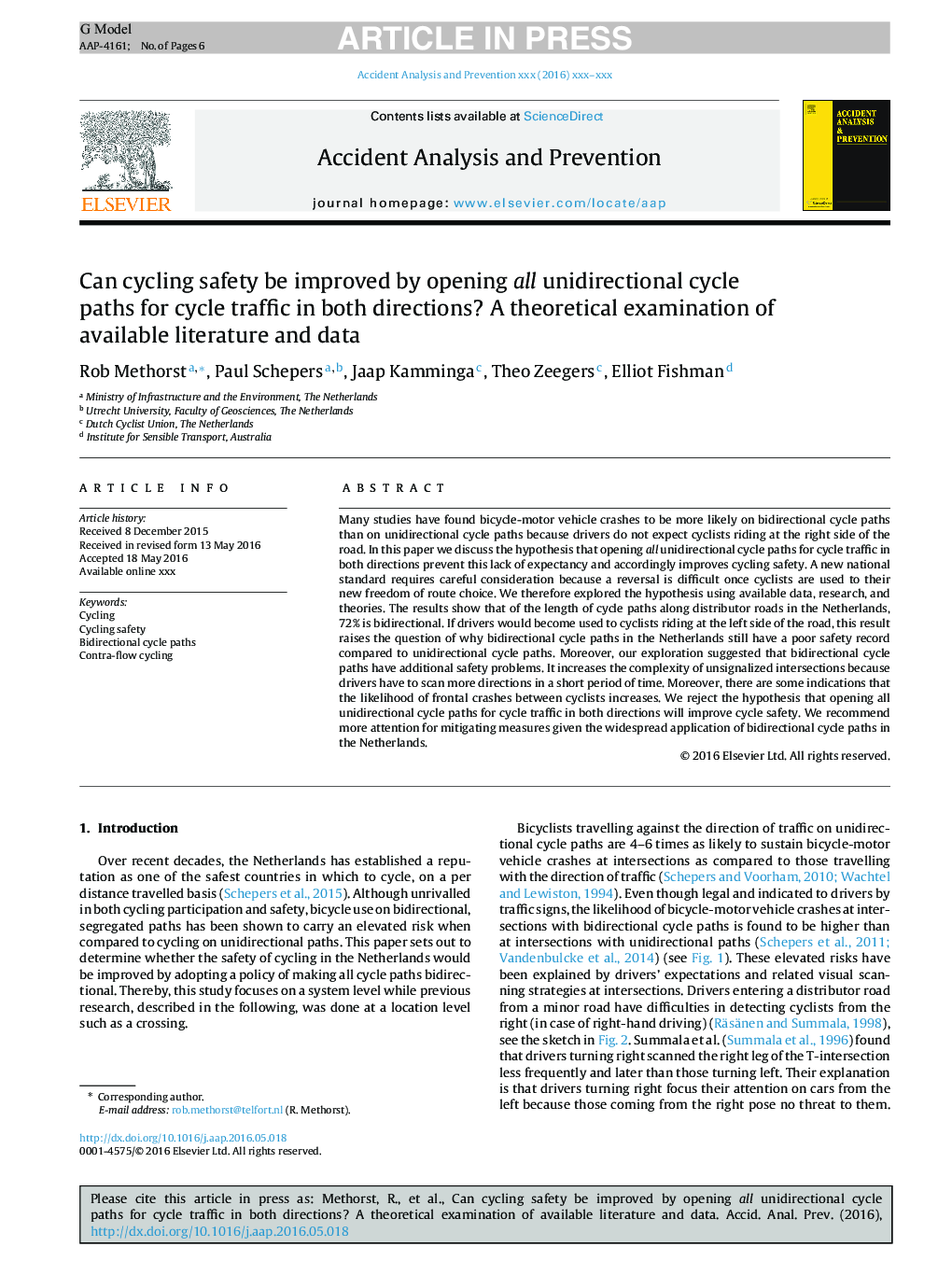 Can cycling safety be improved by opening all unidirectional cycle paths for cycle traffic in both directions? A theoretical examination of available literature and data