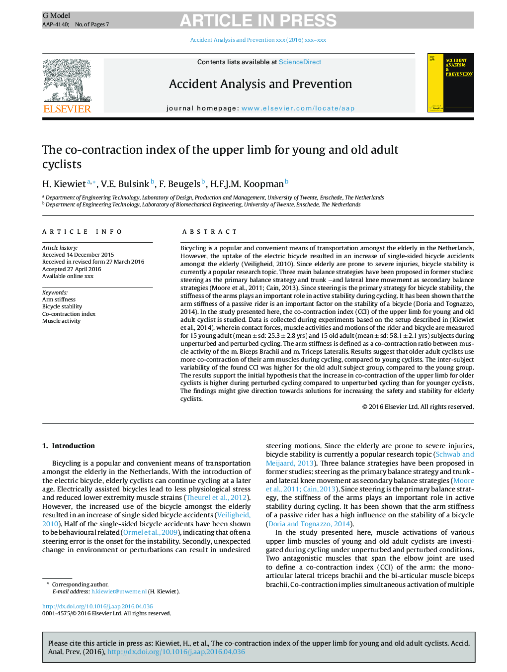 The co-contraction index of the upper limb for young and old adult cyclists