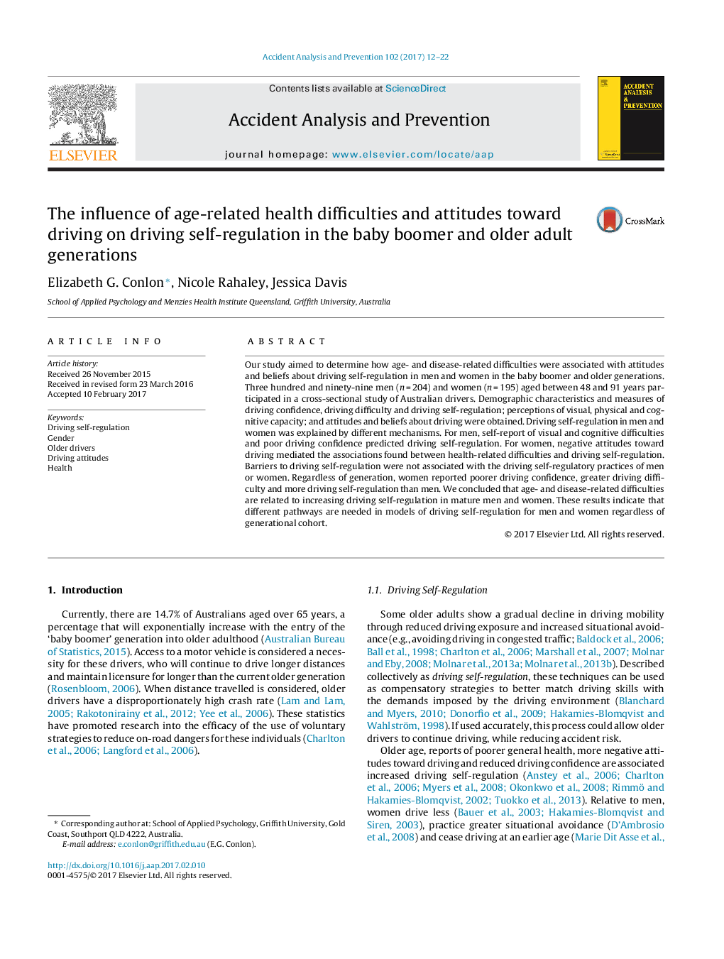 The influence of age-related health difficulties and attitudes toward driving on driving self-regulation in the baby boomer and older adult generations