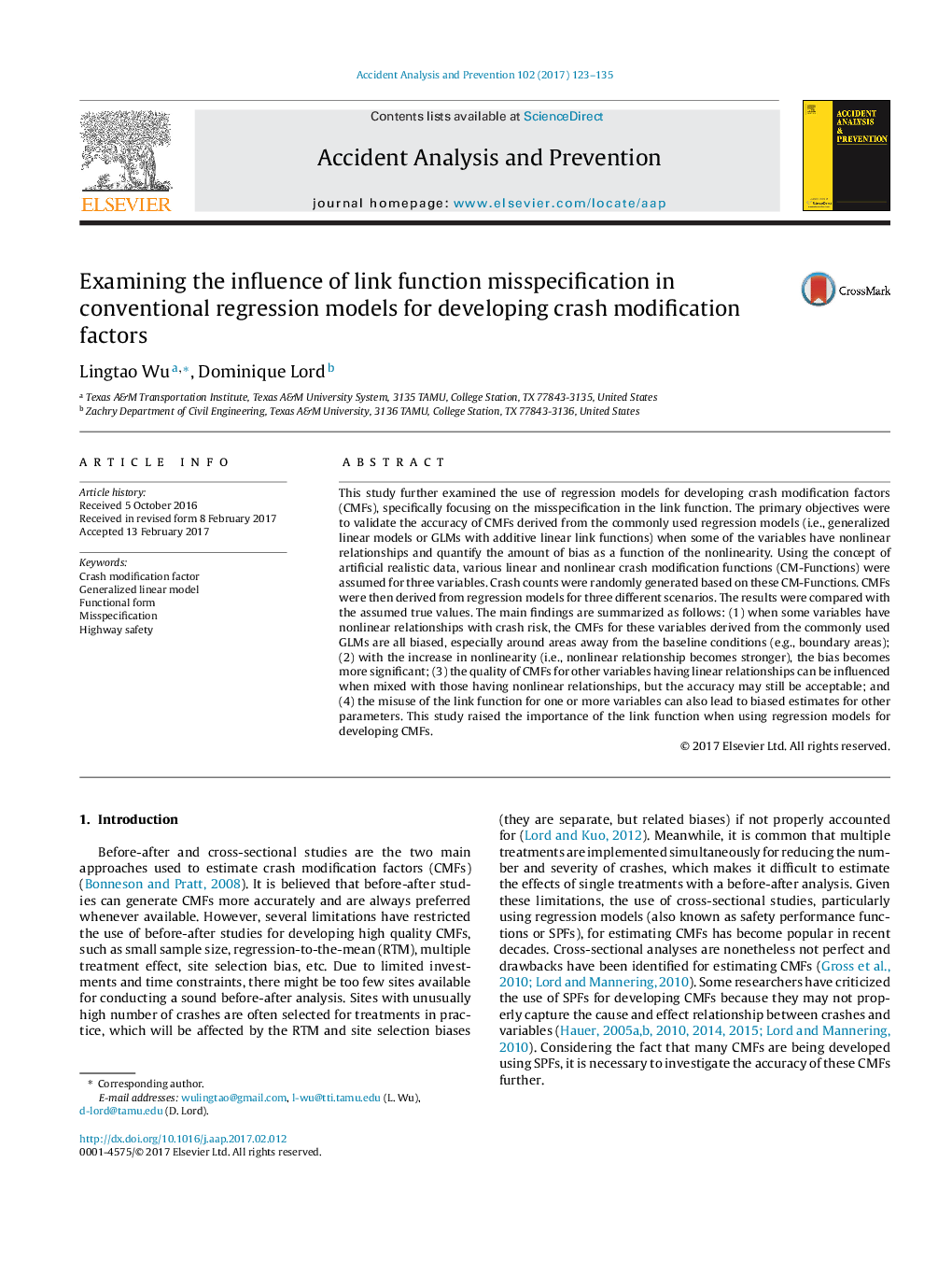 Examining the influence of link function misspecification in conventional regression models for developing crash modification factors