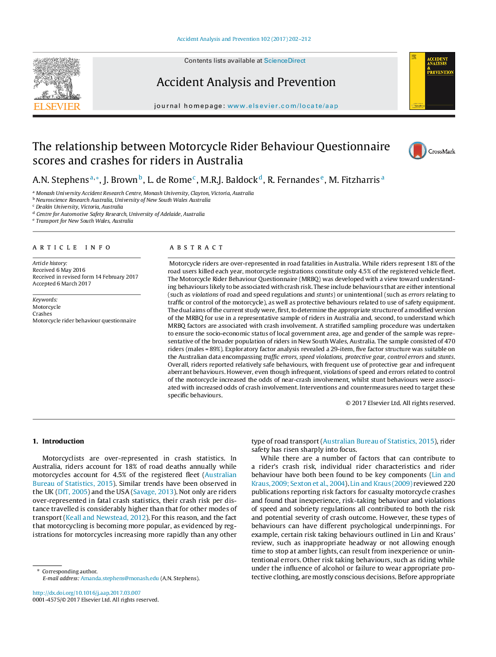 The relationship between Motorcycle Rider Behaviour Questionnaire scores and crashes for riders in Australia