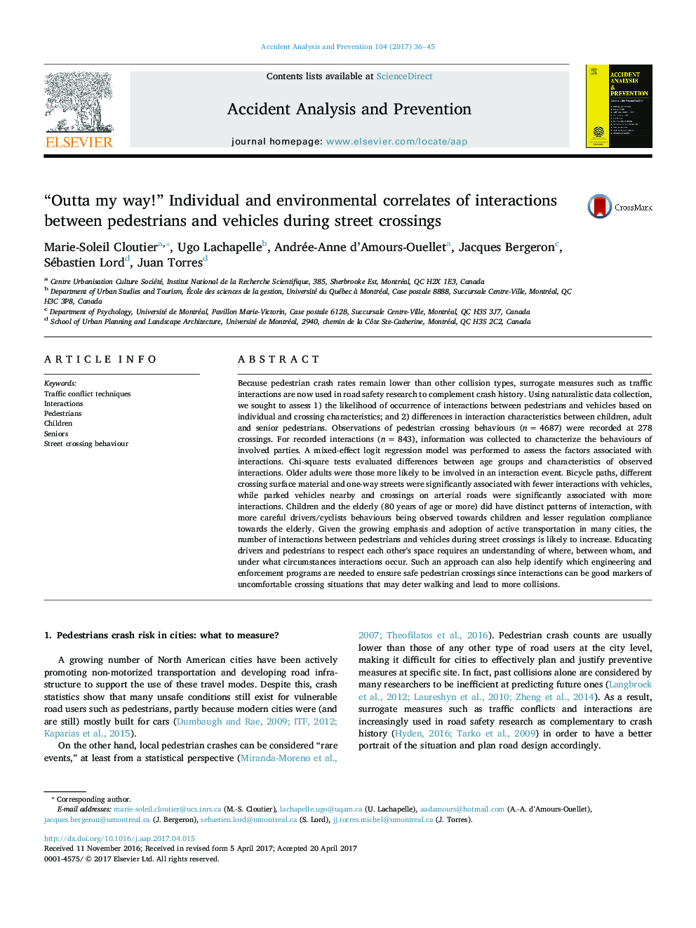 “Outta my way!” Individual and environmental correlates of interactions between pedestrians and vehicles during street crossings