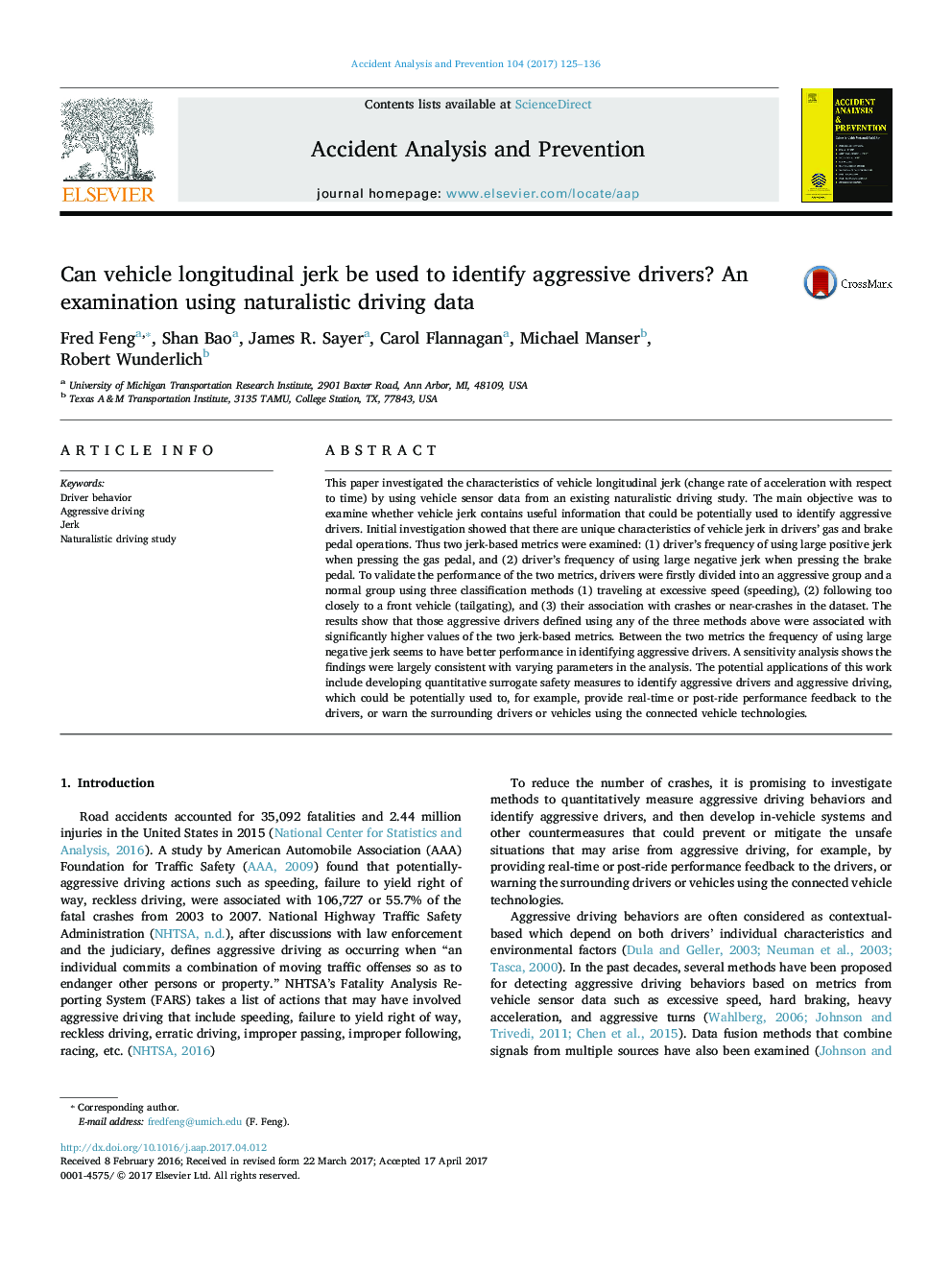 Can vehicle longitudinal jerk be used to identify aggressive drivers? An examination using naturalistic driving data