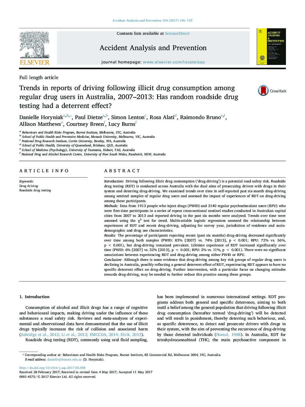 Trends in reports of driving following illicit drug consumption among regular drug users in Australia, 2007-2013: Has random roadside drug testing had a deterrent effect?