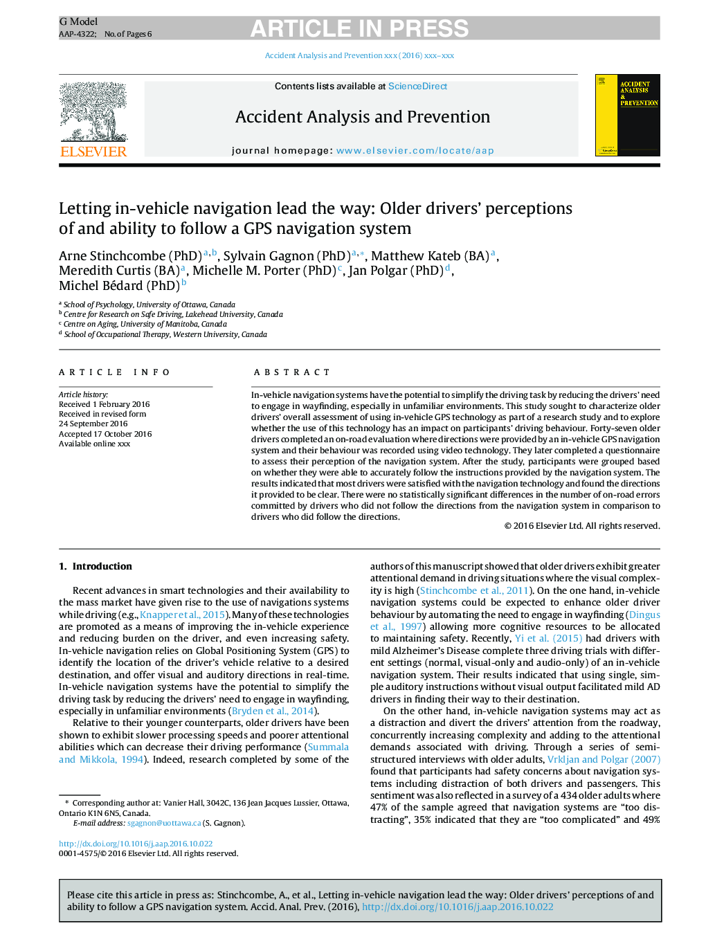 Letting in-vehicle navigation lead the way: Older drivers' perceptions of and ability to follow a GPS navigation system