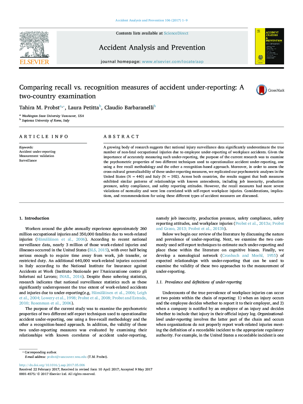 Comparing recall vs. recognition measures of accident under-reporting: A two-country examination