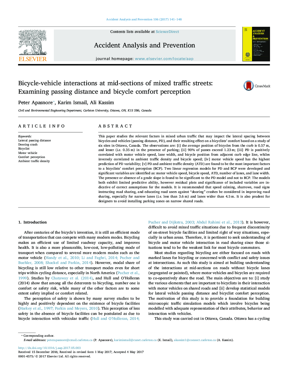 Bicycle-vehicle interactions at mid-sections of mixed traffic streets: Examining passing distance and bicycle comfort perception