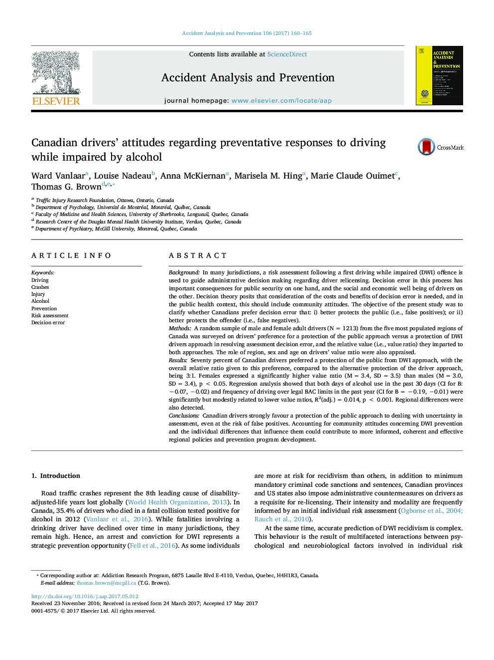 Canadian drivers' attitudes regarding preventative responses to driving while impaired by alcohol