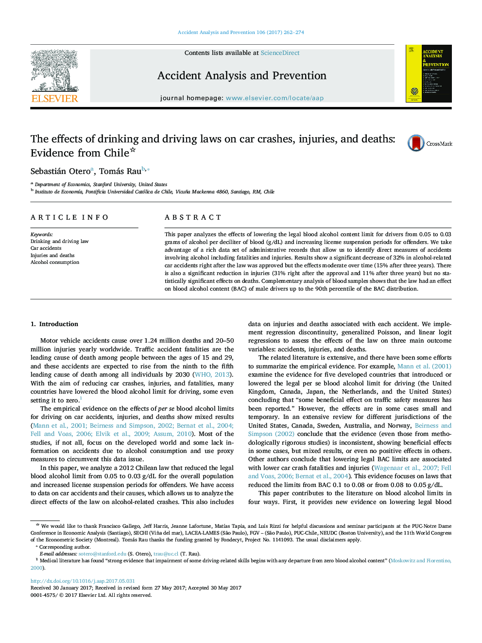 The effects of drinking and driving laws on car crashes, injuries, and deaths: Evidence from Chile