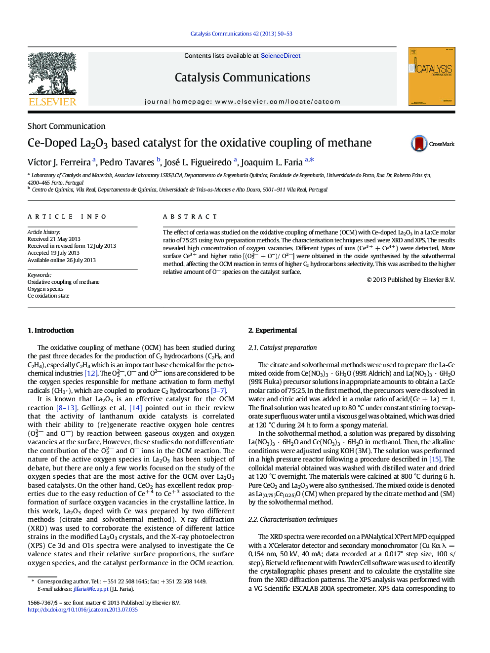 Ce-Doped La2O3 based catalyst for the oxidative coupling of methane