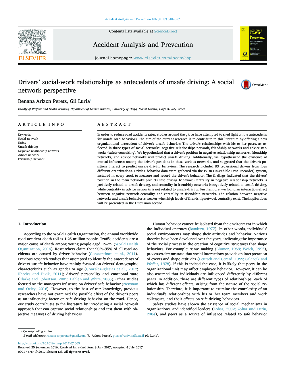 Drivers' social-work relationships as antecedents of unsafe driving: A social network perspective