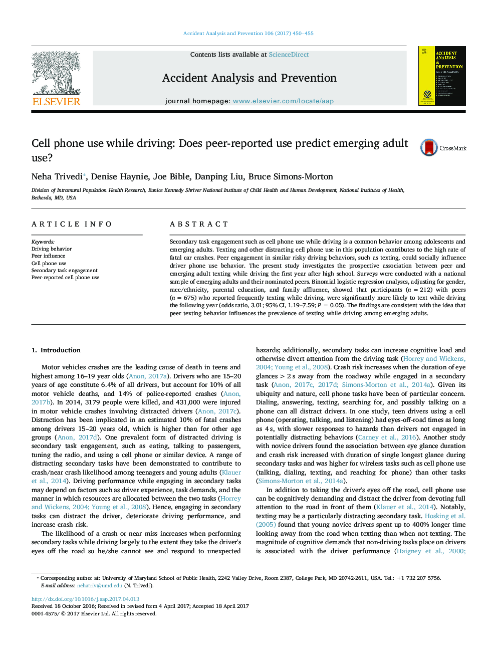 Cell Phone Use While Driving: Prospective Association with Emerging Adult Use