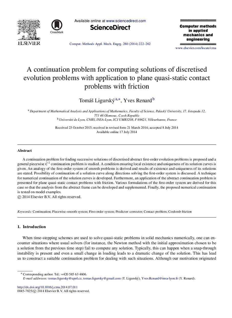 A continuation problem for computing solutions of discretised evolution problems with application to plane quasi-static contact problems with friction