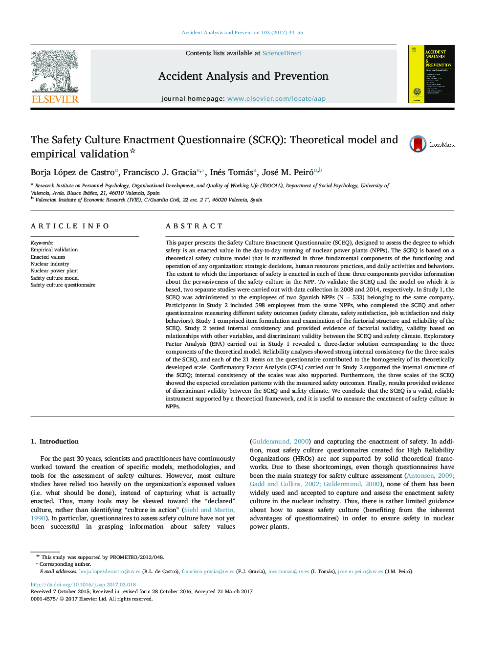 The Safety Culture Enactment Questionnaire (SCEQ): Theoretical model and empirical validation