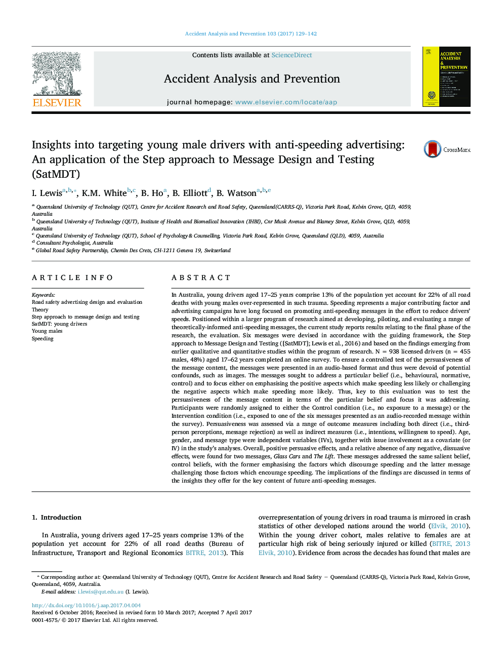 Insights into targeting young male drivers with anti-speeding advertising: An application of the Step approach to Message Design and Testing (SatMDT)