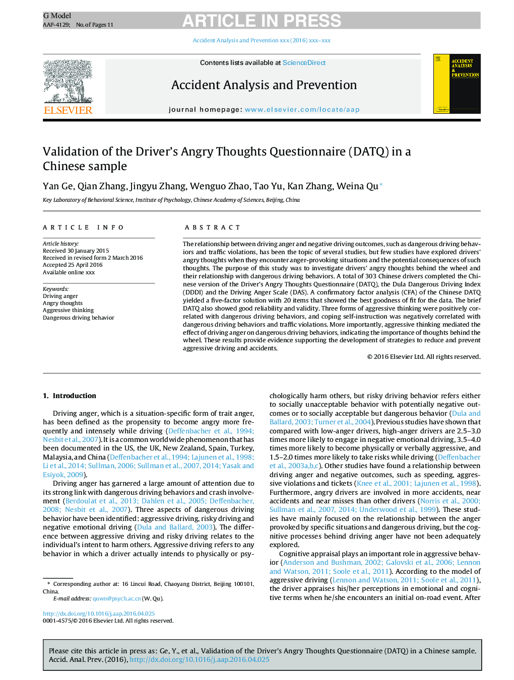 Validation of the Driver's Angry Thoughts Questionnaire (DATQ) in a Chinese sample