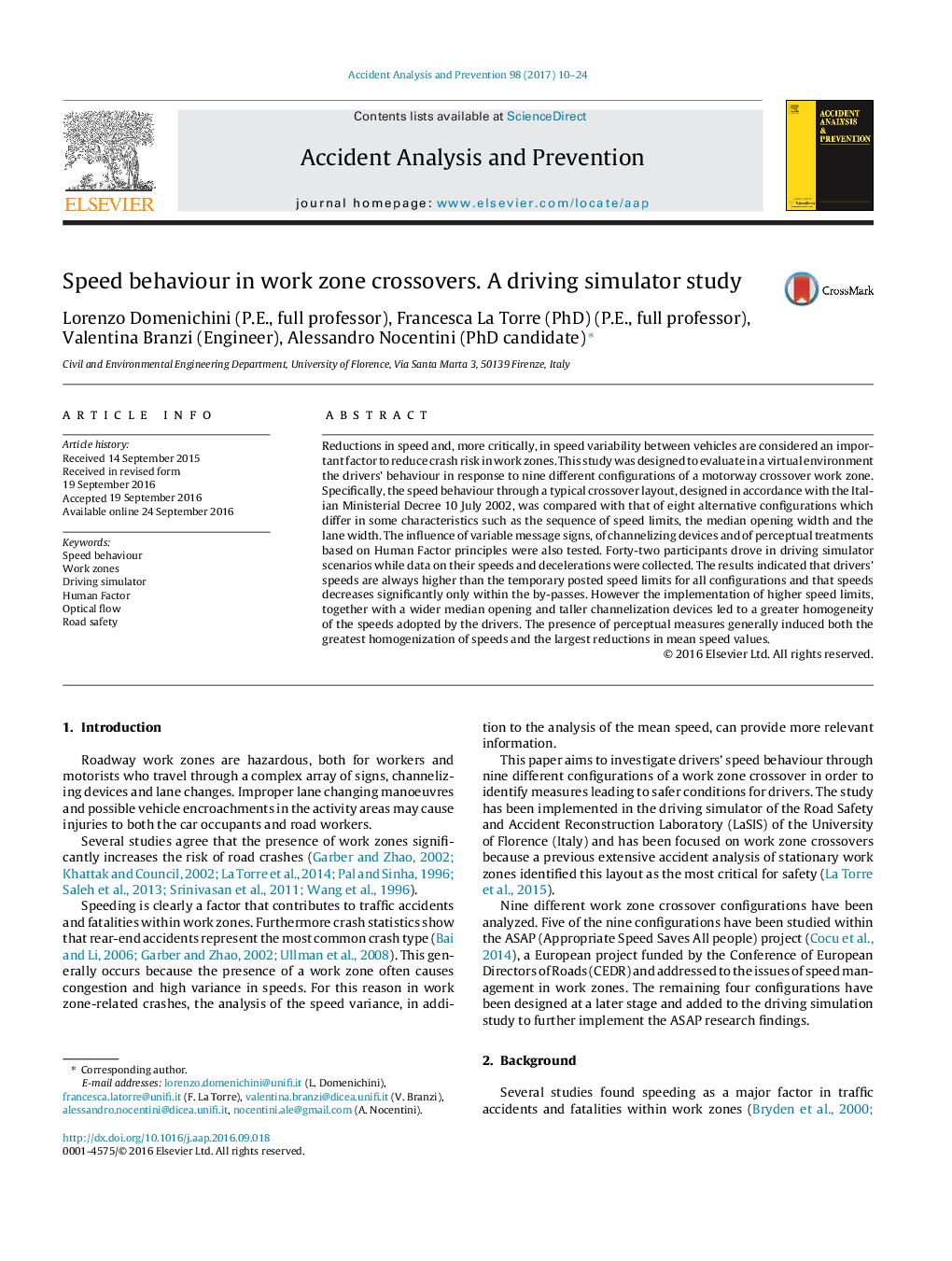 Speed behaviour in work zone crossovers. A driving simulator study