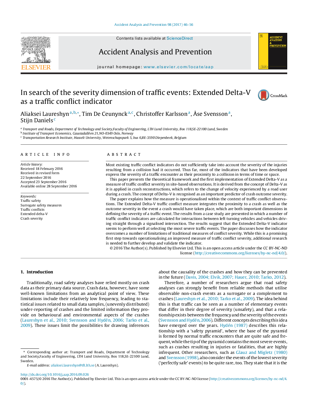 In search of the severity dimension of traffic events: Extended Delta-V as a traffic conflict indicator