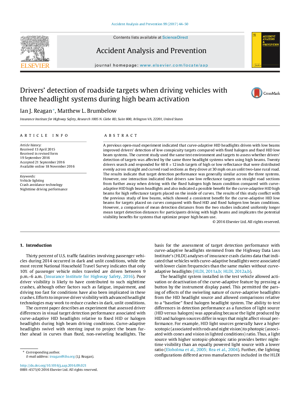 Drivers' detection of roadside targets when driving vehicles with three headlight systems during high beam activation