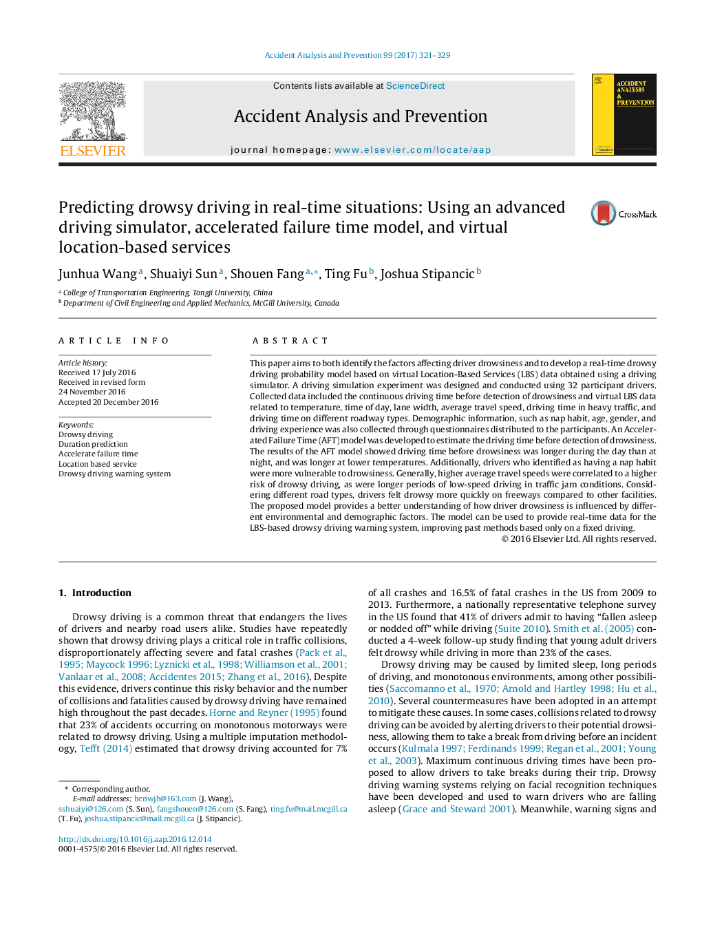 Predicting drowsy driving in real-time situations: Using an advanced driving simulator, accelerated failure time model, and virtual location-based services