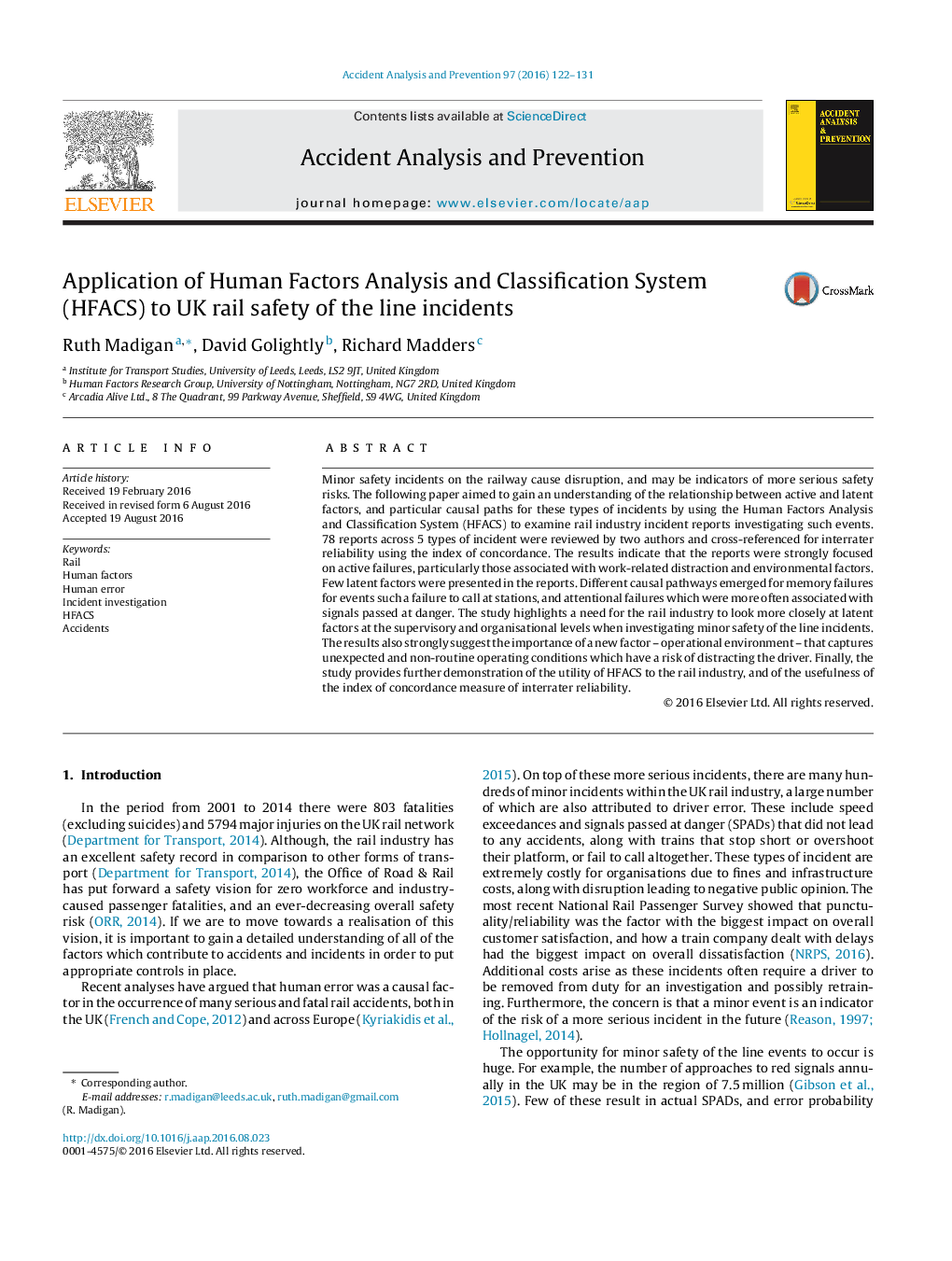 Application of Human Factors Analysis and Classification System (HFACS) to UK rail safety of the line incidents