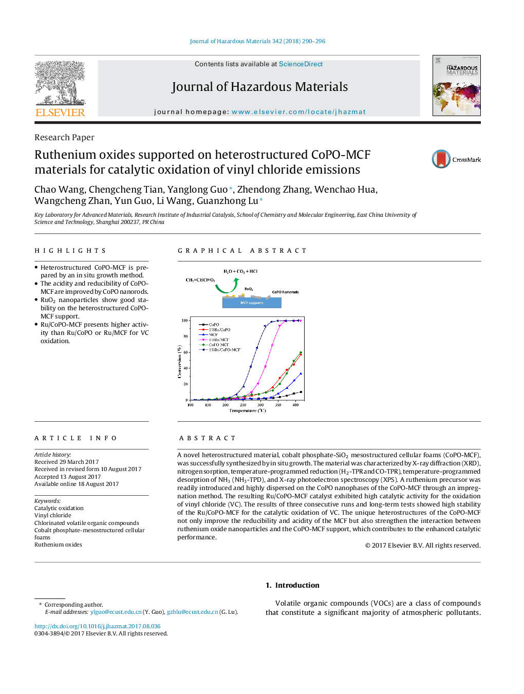 Ruthenium oxides supported on heterostructured CoPO-MCF materials for catalytic oxidation of vinyl chloride emissions