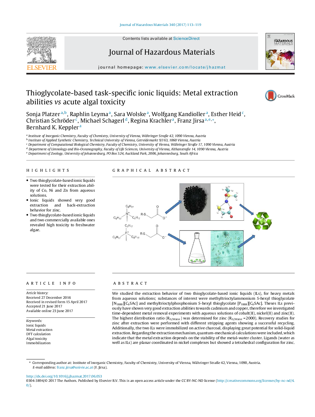 Thioglycolate-based task-specific ionic liquids: Metal extraction abilities vs acute algal toxicity