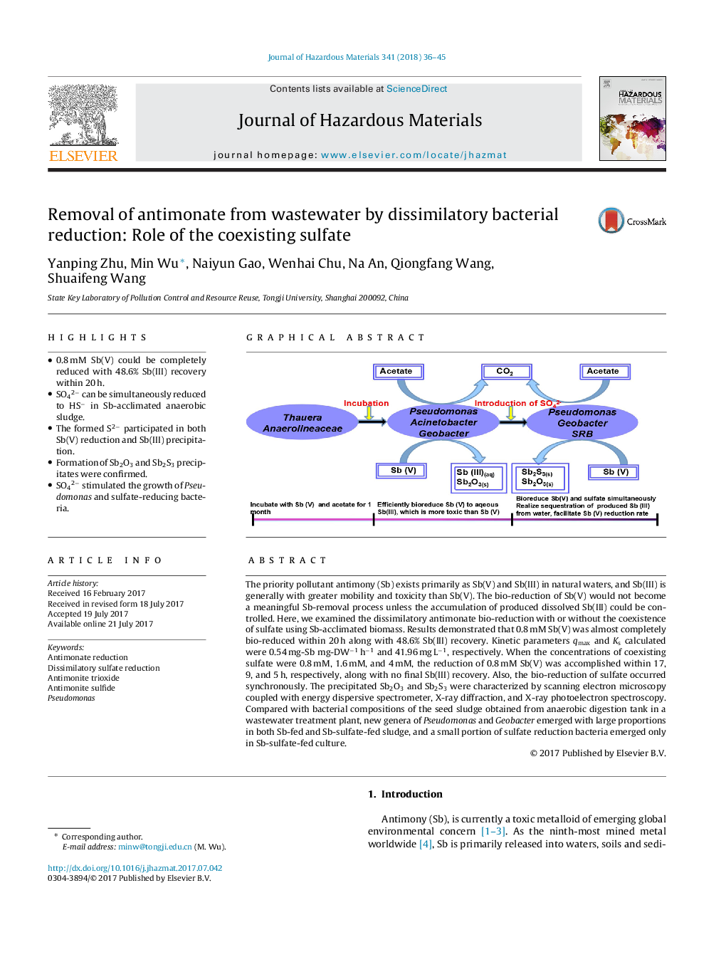 Removal of antimonate from wastewater by dissimilatory bacterial reduction: Role of the coexisting sulfate