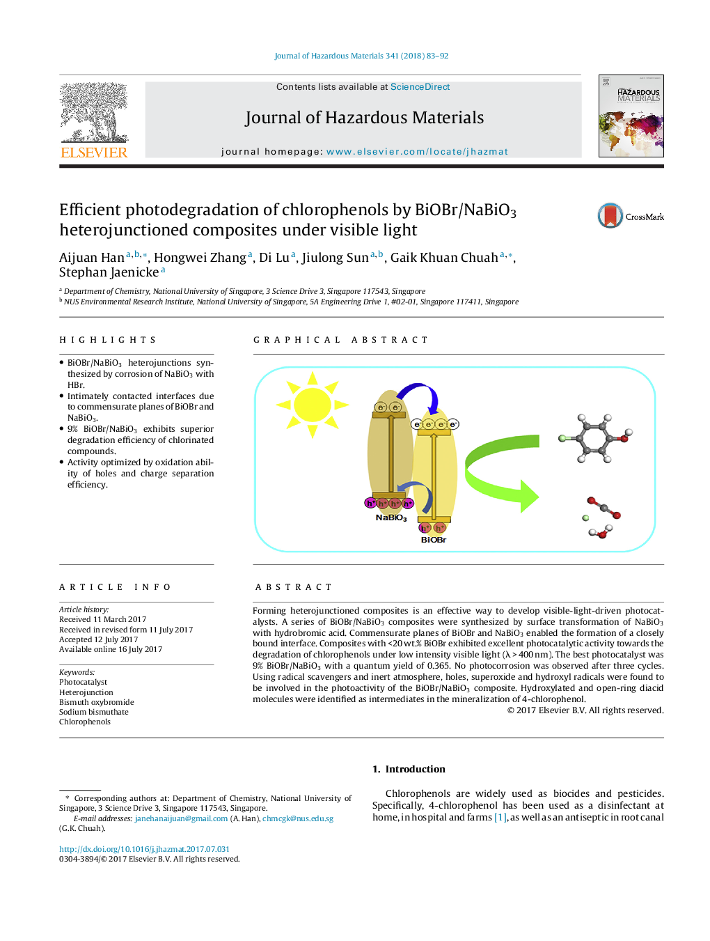 Efficient photodegradation of chlorophenols by BiOBr/NaBiO3 heterojunctioned composites under visible light