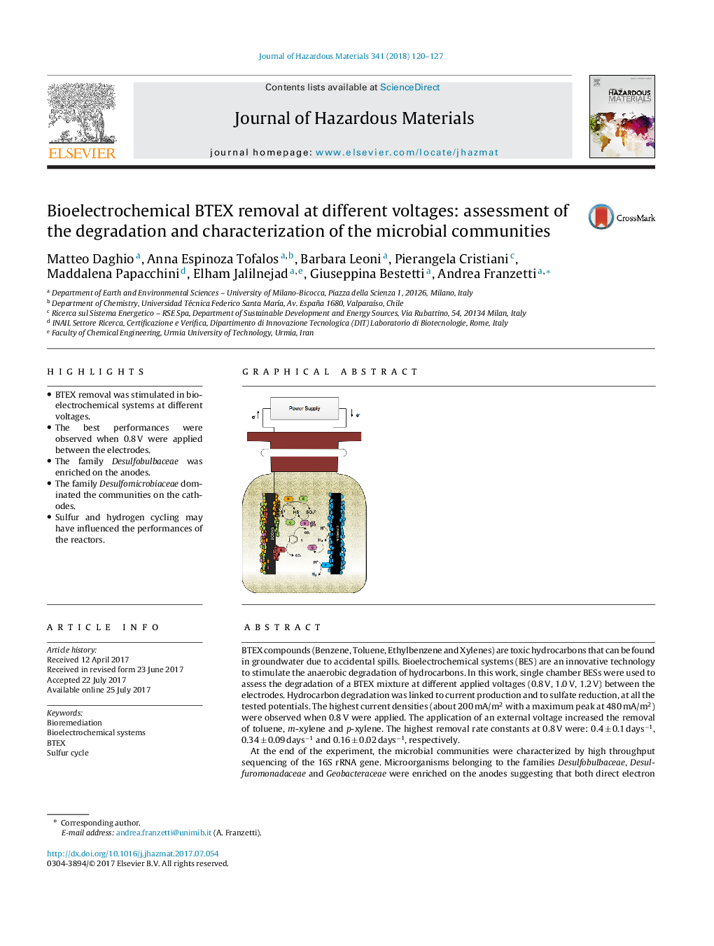 Bioelectrochemical BTEX removal at different voltages: assessment of the degradation and characterization of the microbial communities