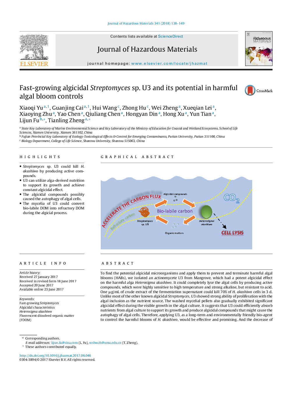 Fast-growing algicidal Streptomyces sp. U3 and its potential in harmful algal bloom controls