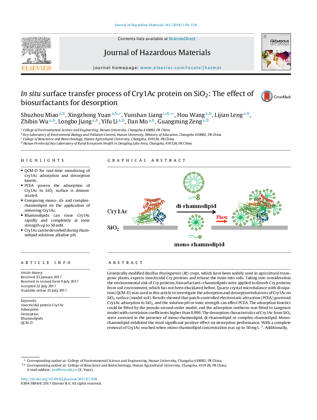 In situ surface transfer process of Cry1Ac protein on SiO2ï¼ The effect of biosurfactants for desorption