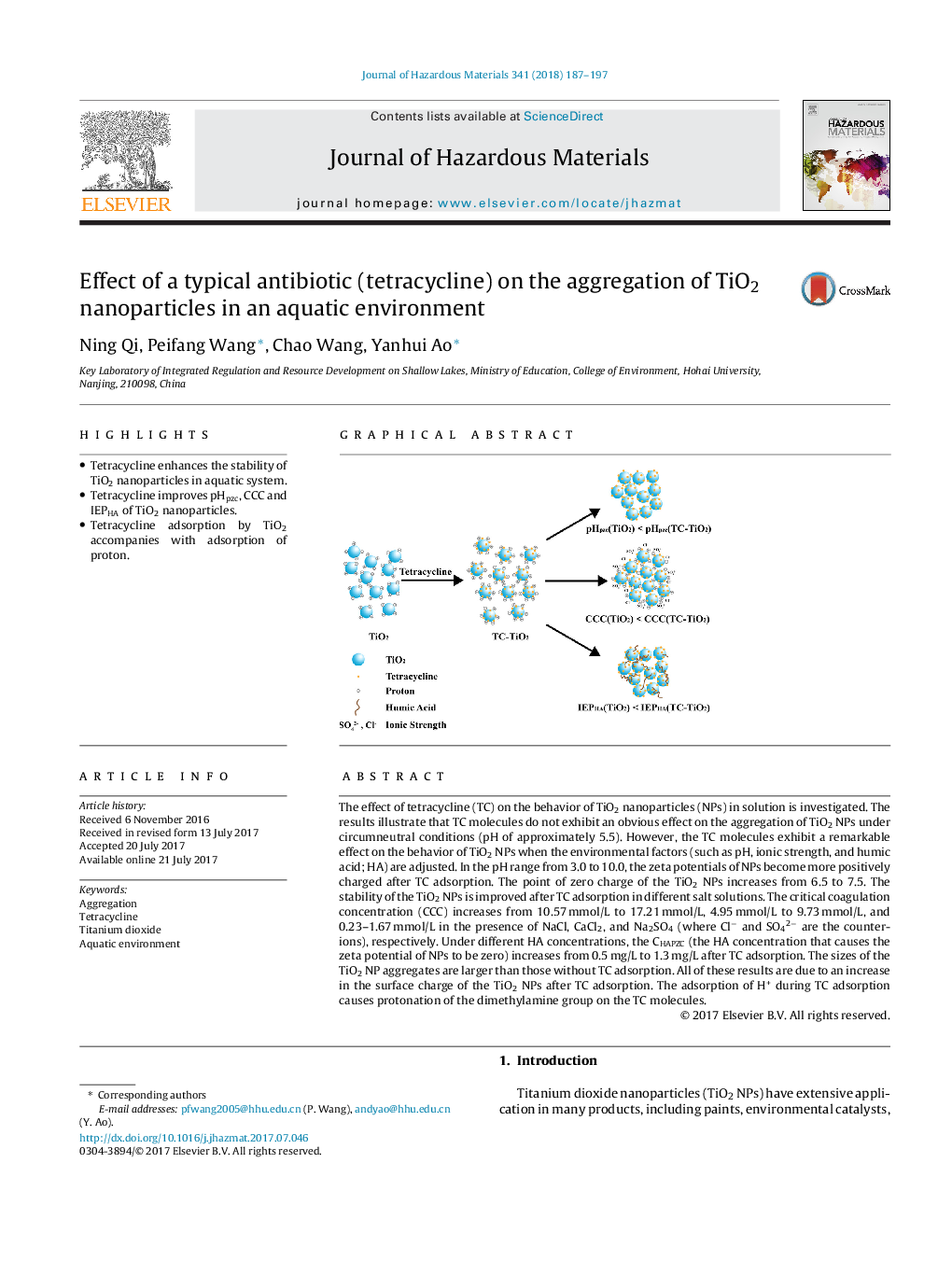 Effect of a typical antibiotic (tetracycline) on the aggregation of TiO2 nanoparticles in an aquatic environment