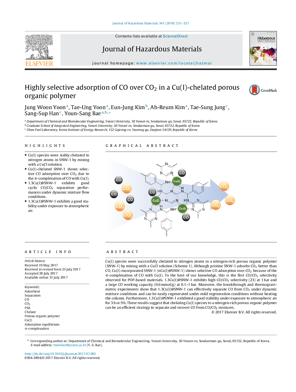 Highly selective adsorption of CO over CO2 in a Cu(I)-chelated porous organic polymer