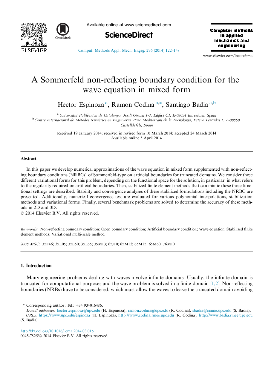 عکس صفحه اول مقاله: A Sommerfeld non-reflecting boundary condition for the wave equation in mixed form A Sommerfeld non-reflecting boundary condition for the wave equation in mixed form