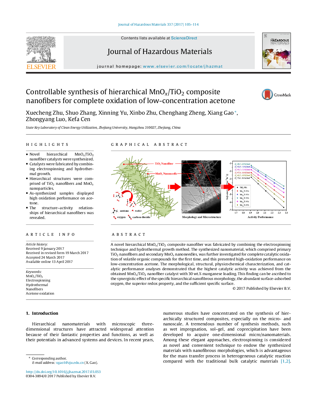 Controllable synthesis of hierarchical MnOx/TiO2 composite nanofibers for complete oxidation of low-concentration acetone