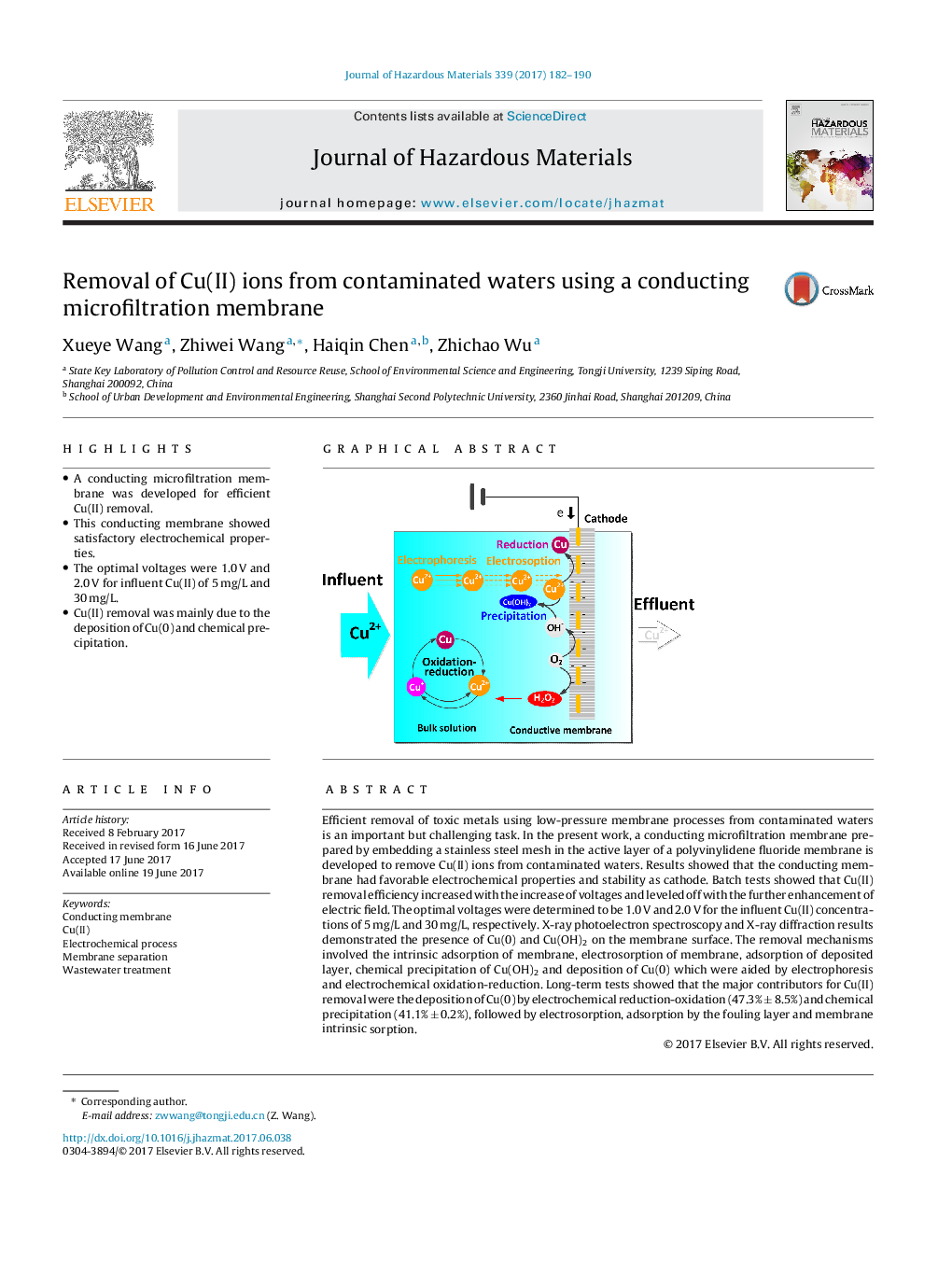 Removal of Cu(II) ions from contaminated waters using a conducting microfiltration membrane