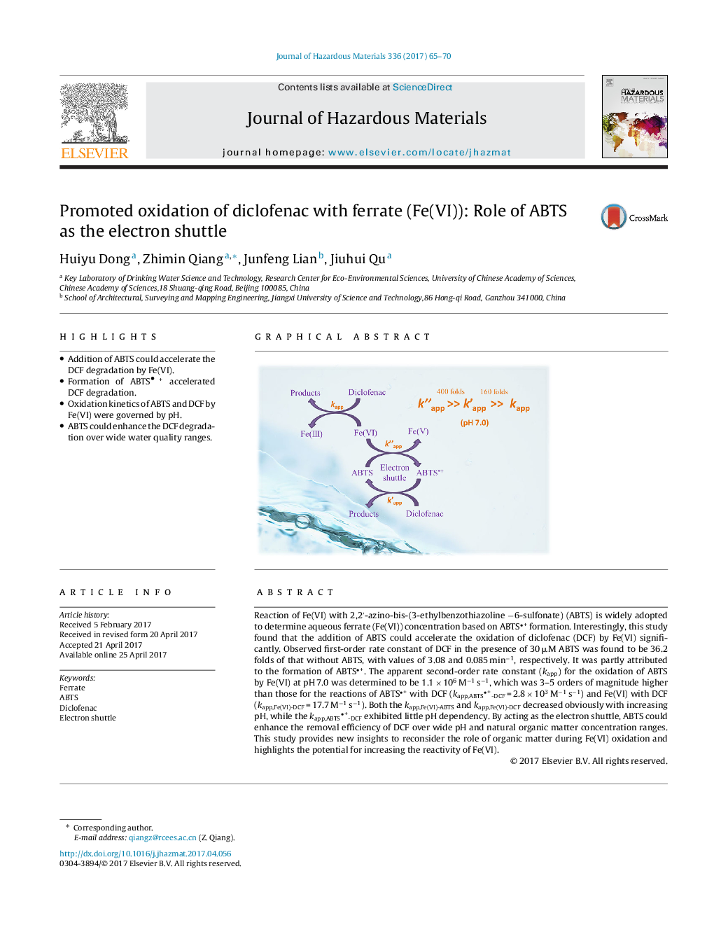 Promoted oxidation of diclofenac with ferrate (Fe(VI)): Role of ABTS as the electron shuttle