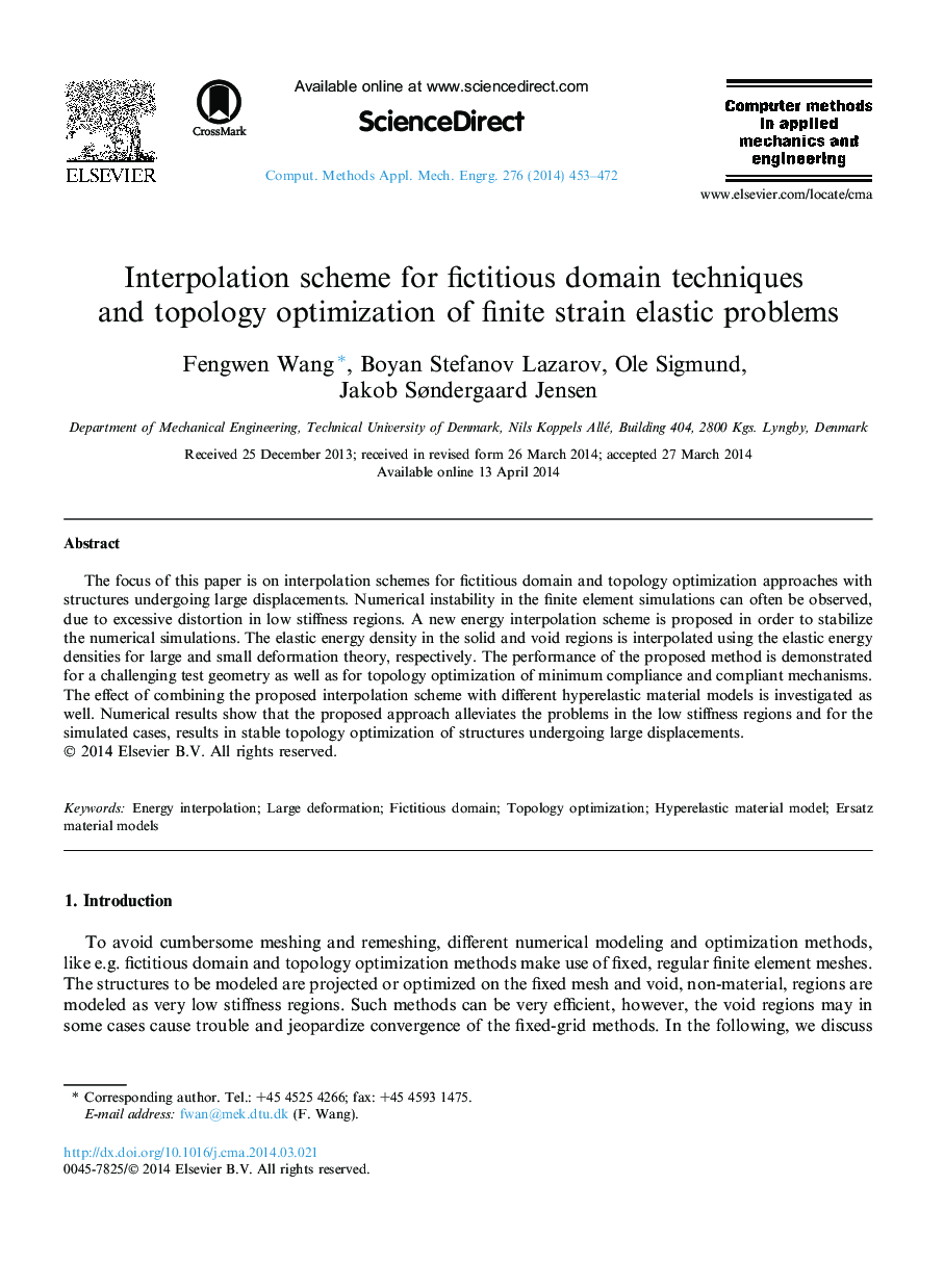 Interpolation scheme for fictitious domain techniques and topology optimization of finite strain elastic problems