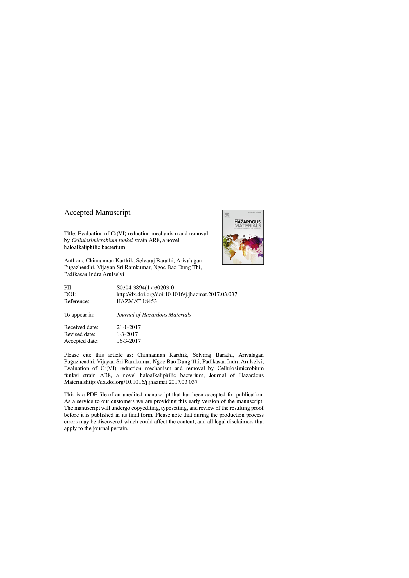 عکس صفحه اول مقاله: Evaluation of Cr(VI) reduction mechanism and removal by Cellulosimicrobium funkei strain AR8, a novel haloalkaliphilic bacterium Evaluation of Cr(VI) reduction mechanism and removal by Cellulosimicrobium funkei strain AR8, a novel haloalkaliphilic bacterium